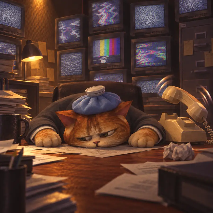 Headache Cat face down on his desk